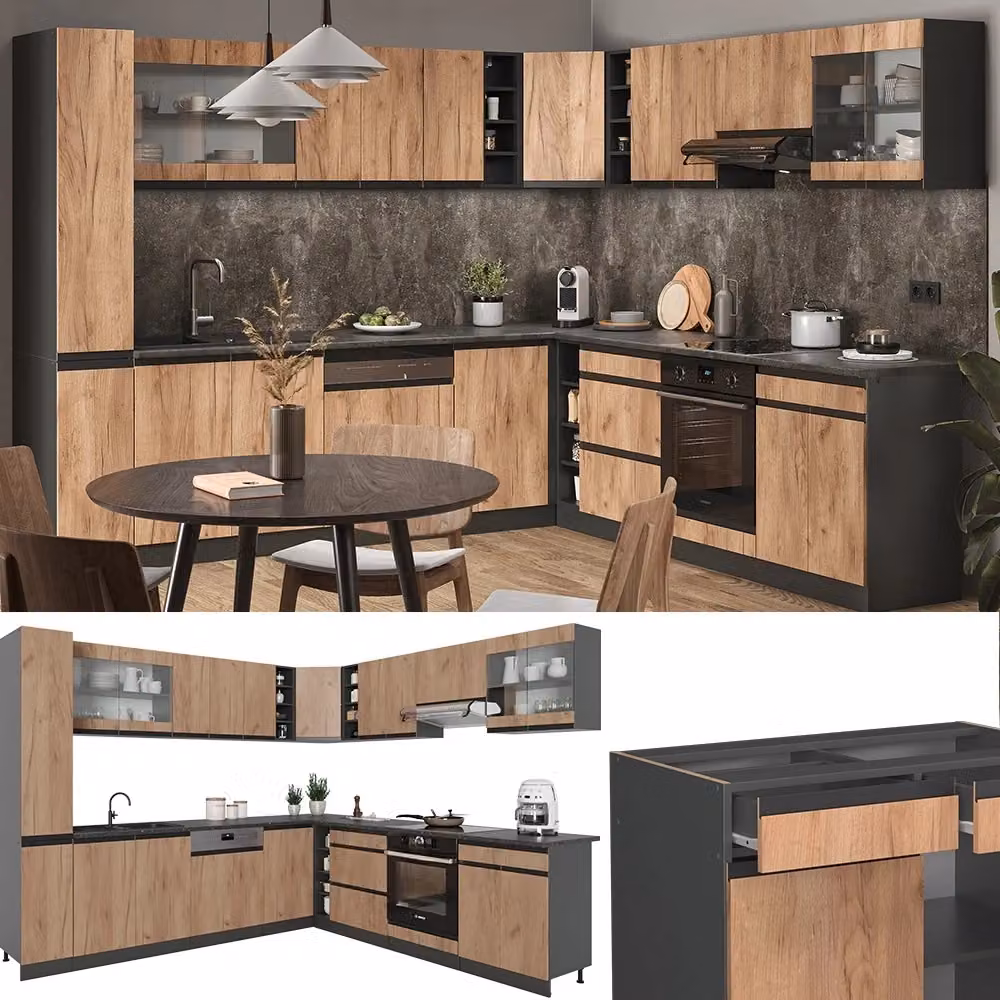 Cucina angolare completa R-Line Vicco in Rovere dorato e Antracite, modello J-Shape, L/P/H: 277 x 257 x 81,6 cm – 2