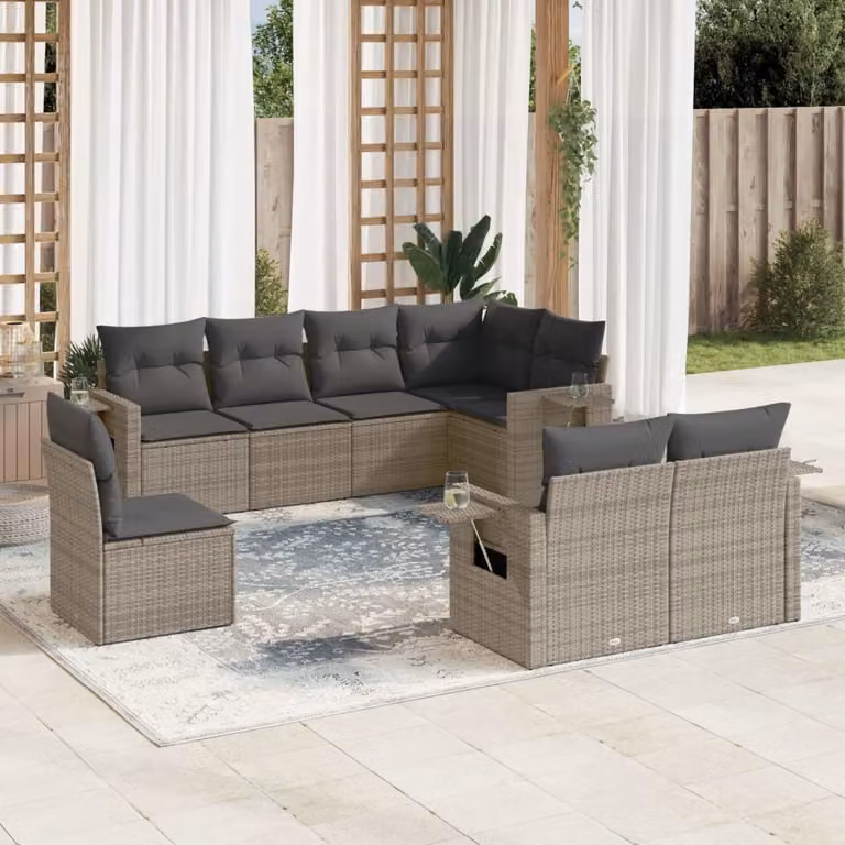 vidaXL Set Divano da Giardino a L 8 pz in Polyrattan Grigio con Cuscini Imbottiti e Coperture Rimosse
