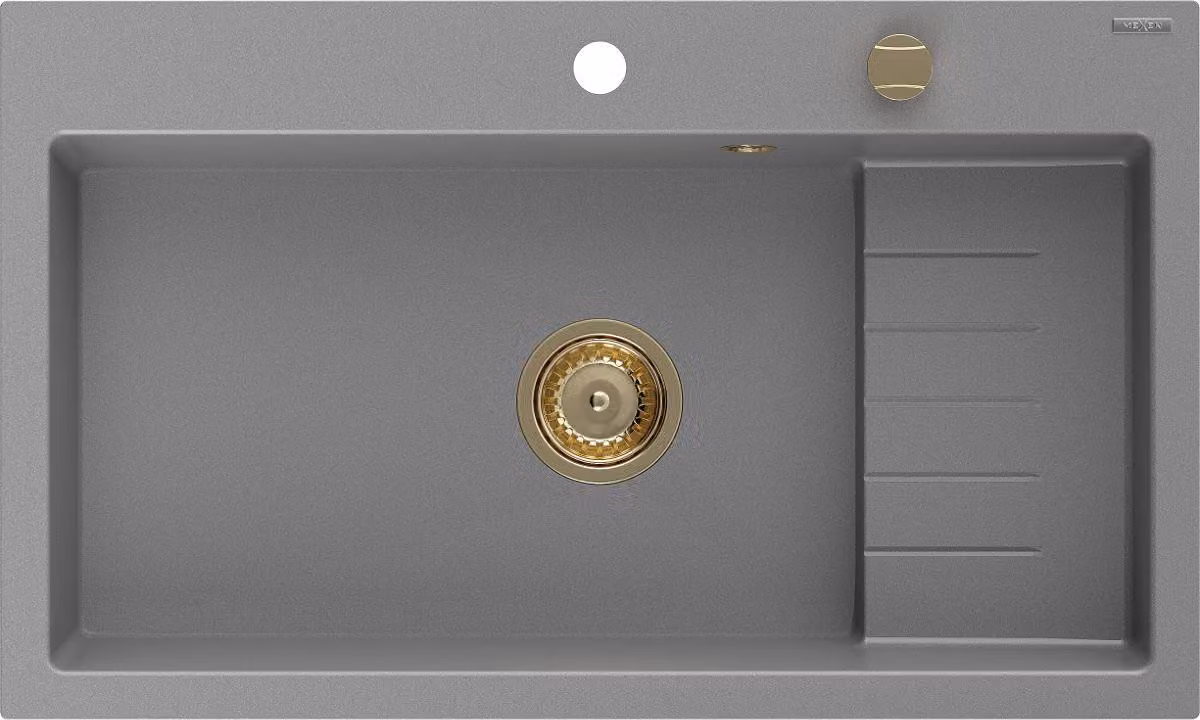 Mexen Omar lavello da cucina in granito ad 1 vasca 800 x 480 mm, grigio, sifone dorato - 6520801005-71-G