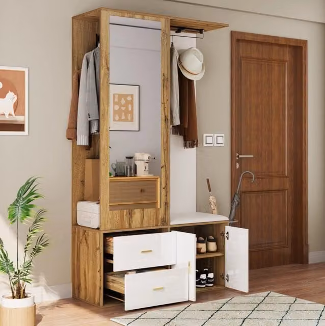 Set Guardaroba bianco e legno con specchio, panca con cassetti e gruccia estraibile, portascarpe integrato