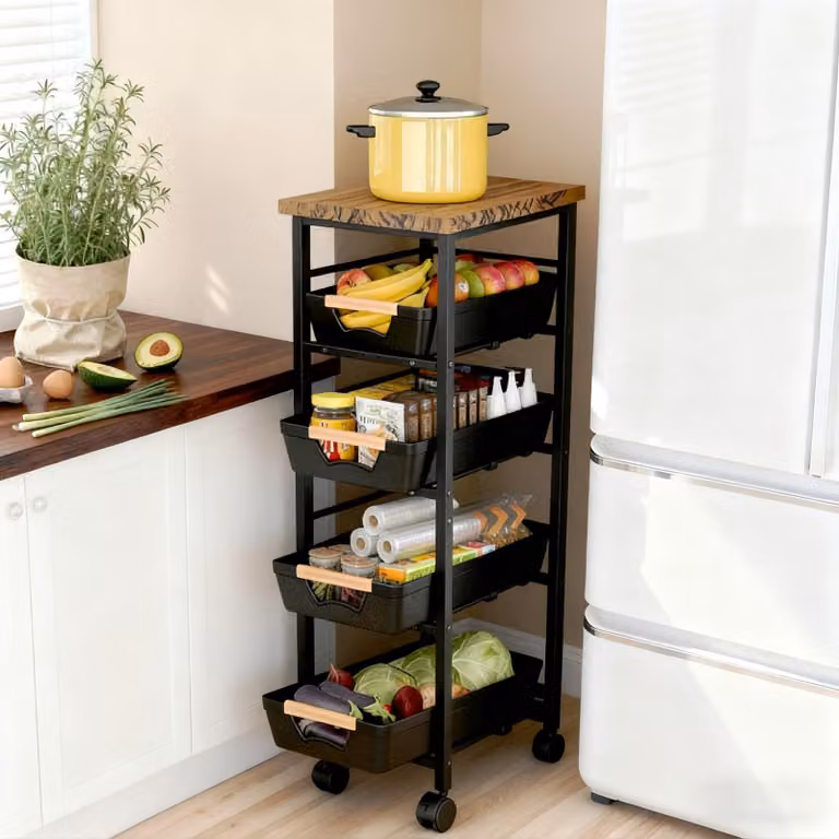 Carrello da cucina con ruote, 5 ripiani, stretto, con cassetti estraibili