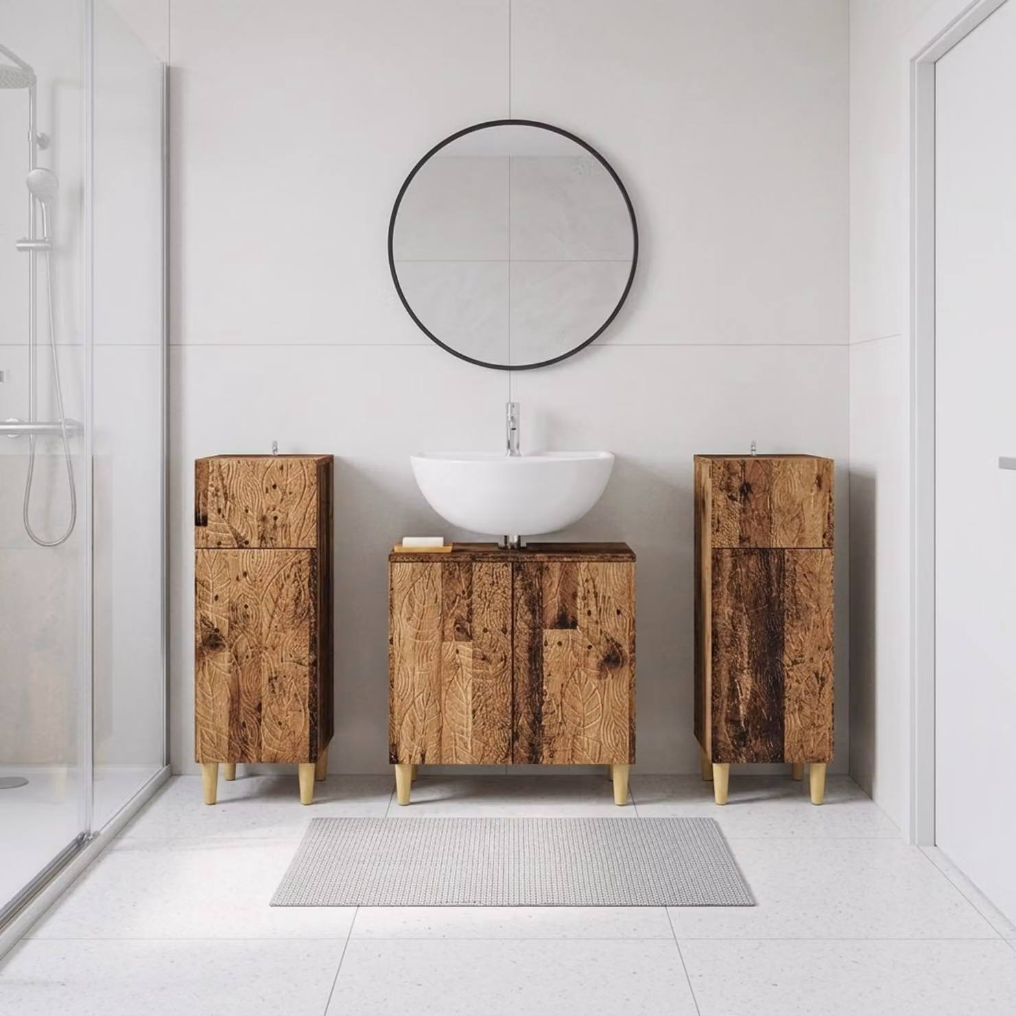 Set di armadietti da bagno vidaXL DELFT in 3 pezzi, legno marrone antico, stile minimalista