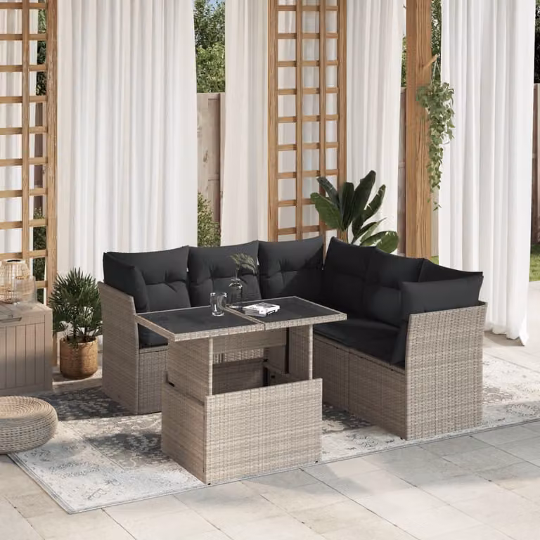 vidaXL Set Divano da Giardino a L con Cuscini Grigio Antracite e Tavolino in Vetro, 6 Pezzi