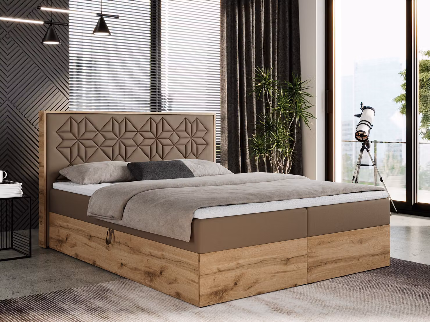 Letto boxspring 120x200 con contenitore, letto imbottito 120x200 con materasso H4, letto boxspring 120x200 con testiera, letto boxspring in legno massello - Nessi - Pelle finta marrone - H4