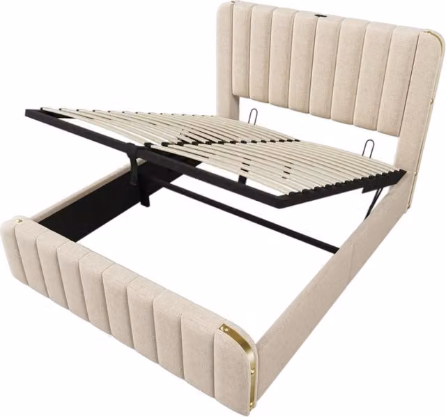 Letto imbottito matrimoniale 140x200 cm con testiera beige in lino, strisce dorate e porta USB Tipo-C, contenitore con sollevamento idraulico, portata 181 kg