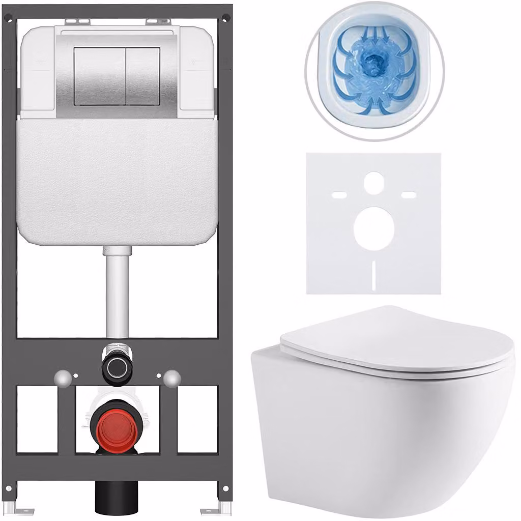 Set completo per WC sospeso "Cesso", colore bianco opaco, pulsante Prime/Maxio, finitura argento, adatto per installazione a parete/con pannelli di cartongesso, dimensioni 49x36 cm