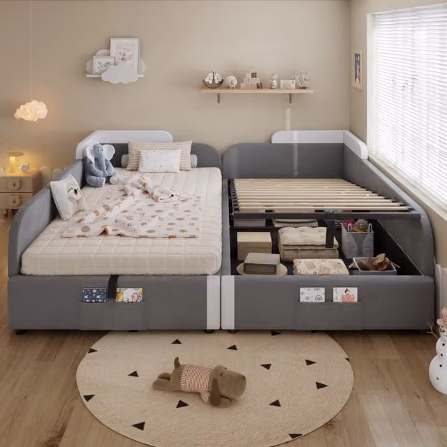 Letto combinato per bambini, 2 posti 90×200 cm et 90×200 cm, contenitore idraulico e tasca, senza materassi, grigio