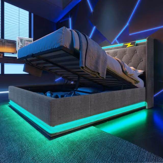 Letto contenitore 160×200 cm grigio con LED e USB
