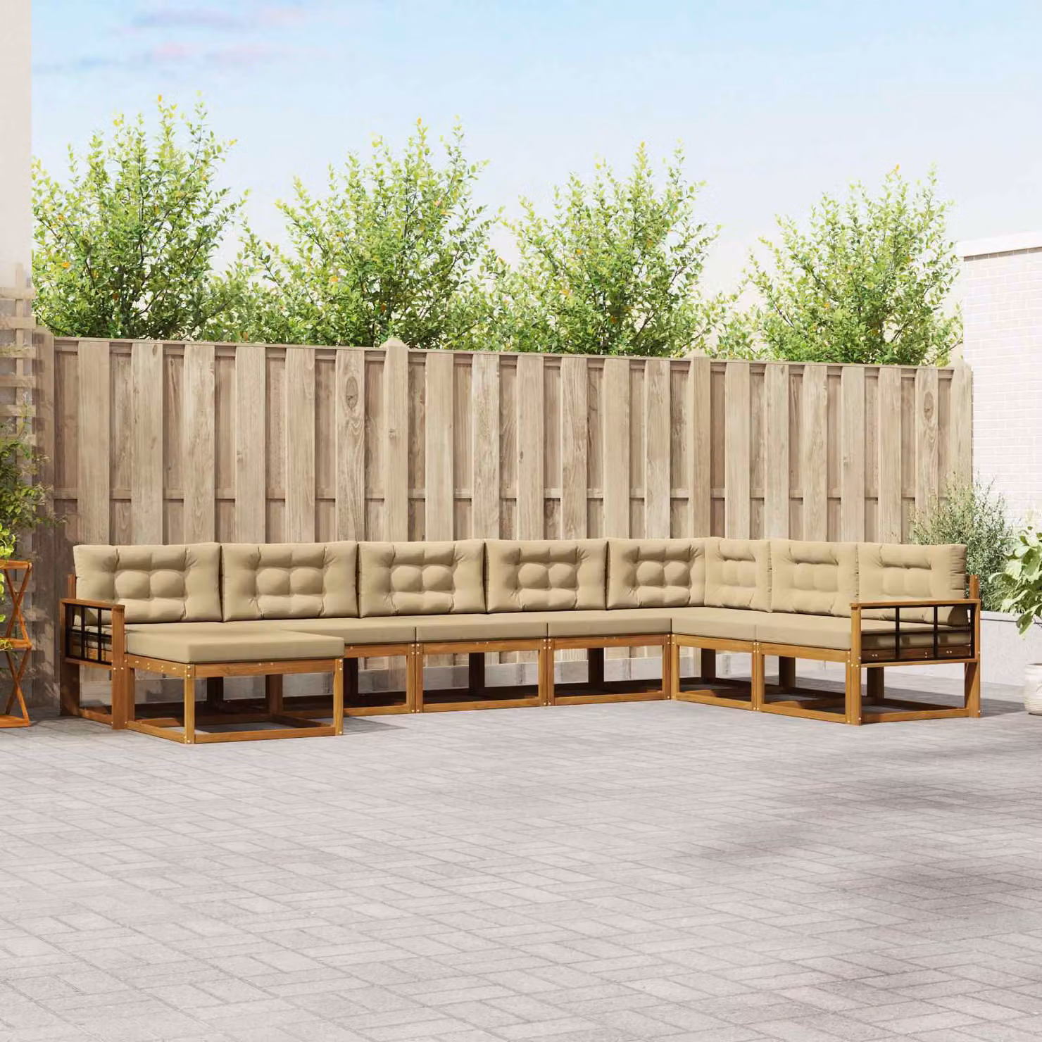 Set di divani da esterno vidaXL a forma di L con 8 pezzi, struttura in legno di acacia e cuscini beige e marrone