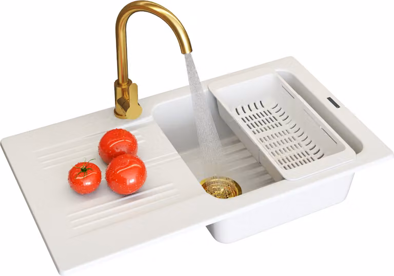 Granitan - Lavello in granito - Lavandino 77,5x43,5 cm - Lavello bianco - con miscelatore - ADA
