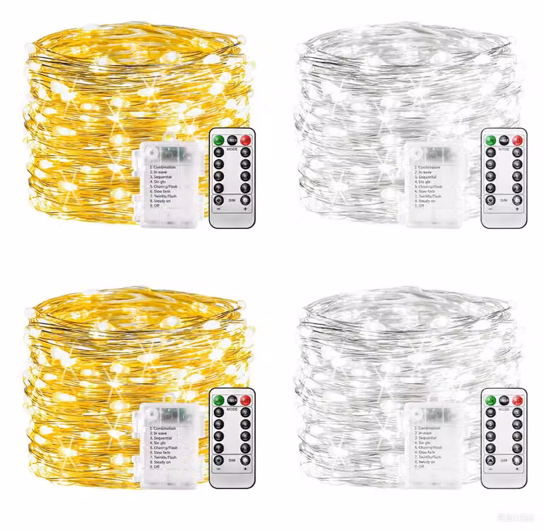 Catena luminosa a LED, 100 LED, 10 metri, 8 modalità, con telecomando, timer, luce bianco caldo