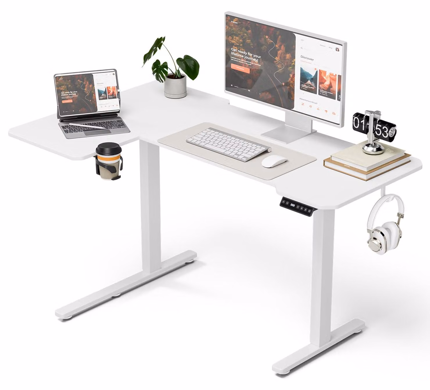 Scrivania ad angolo, regolabile elettricamente, con piano in legno bianco, ideale per l'ufficio domestico e il gaming