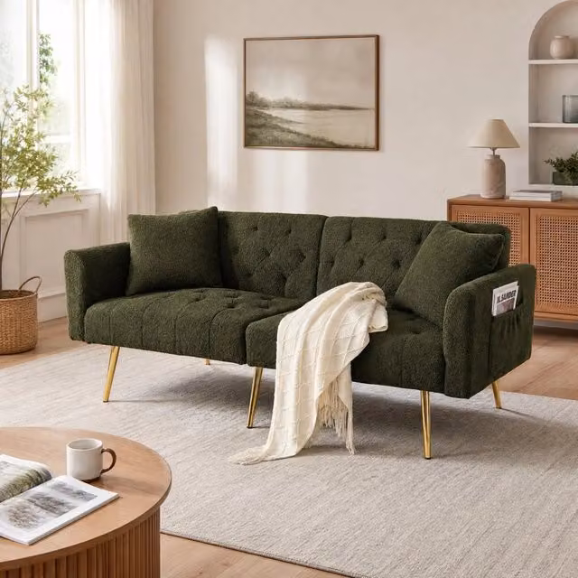 Divano a 2 posti in teddy fleece verde con schienale regolabile a 3 posizioni; 2 cuscini e gambe in metallo dorato