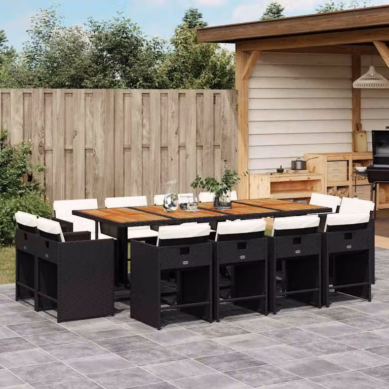 Set da pranzo da giardino vidaXL in polyrattan nero con cuscini e tavolo in legno di acacia per 13 persone
