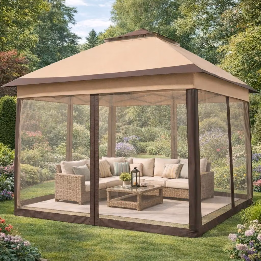 Gazebo da giardino pop up Arreditaly con zanzariere removibili, colore beige, L/P/H: 333 x 333 x 270-290 cm – 2