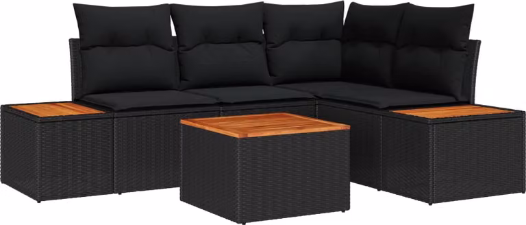 Set Divano da Giardino con cuscino 5 pcs Nero Poly Rattan