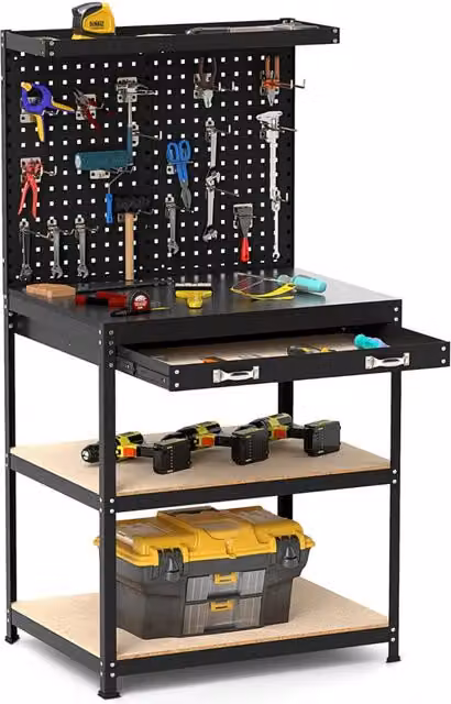Banco da lavoro in metallo con 2 pegboard, cassetto e mensole per casa, garage e officina, Nero, L: 225 cm, P: 81 cm, H: 41 cm – 1