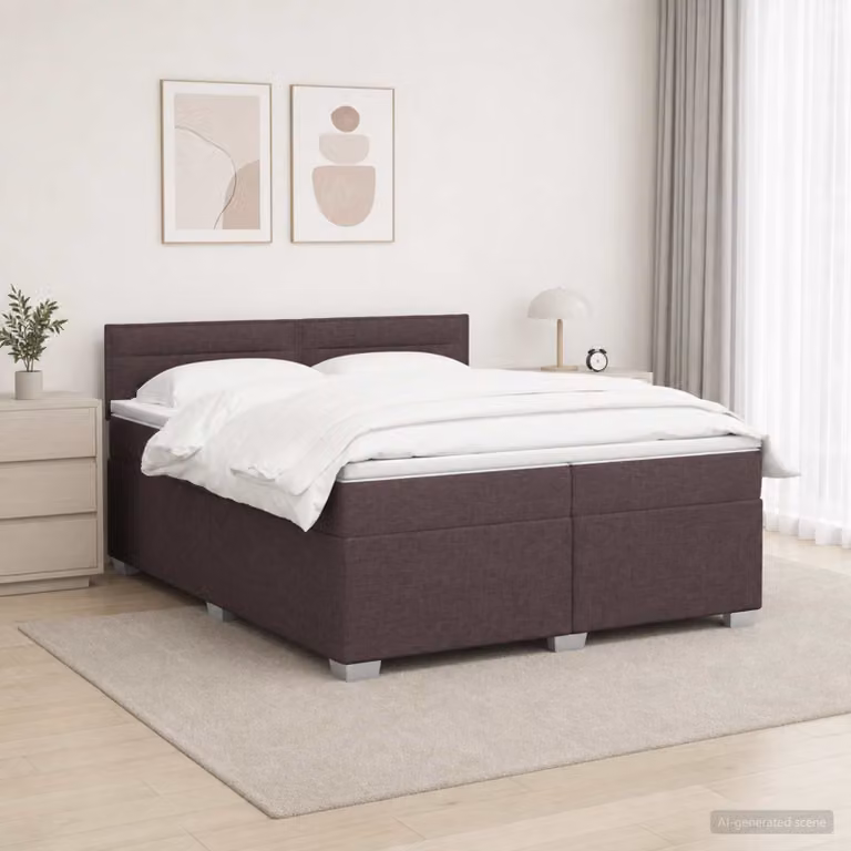 Letto con Box Spring vidaXL in tessuto marrone e bianco con materasso ibrido, illuminazione LED sottostante e porta di ricarica USB, L/P/H: 200 x 200 x 88 cm