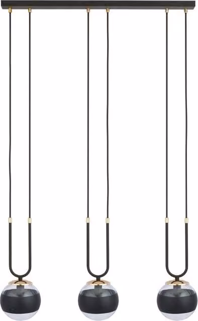 Lampadario a sospensione Emibig Glam 3 in metallo e vetro nero e oro con paralumi trasparenti, dimmerabile, per soggiorno e cucina