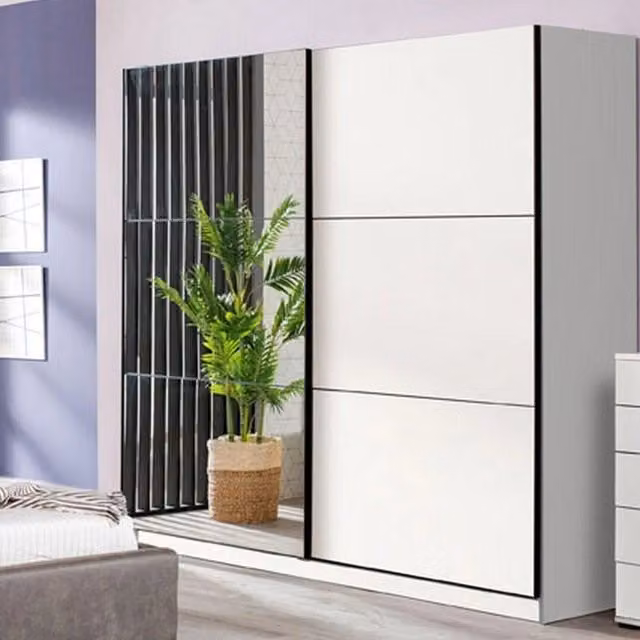 Armadio da camera da letto DMORA con ante scorrevoli, modello moderno bianco opaco, L: 217 cm, H: 210 cm – 1
