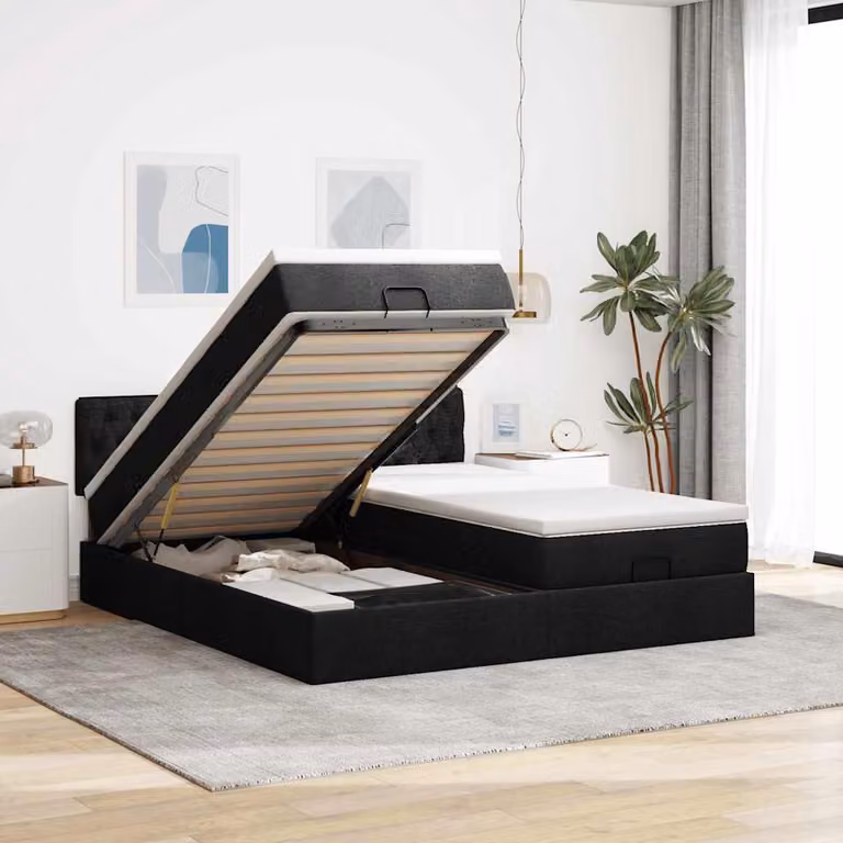 Struttura Letto con Contenitore e Materasso vidaXL in Tessuto Nero L/P/H: 200 x 200 x 28 cm