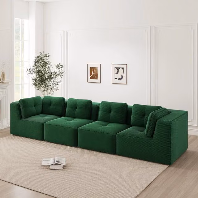 Divano angolare modulare con base antiscivolo in velluto a coste verde