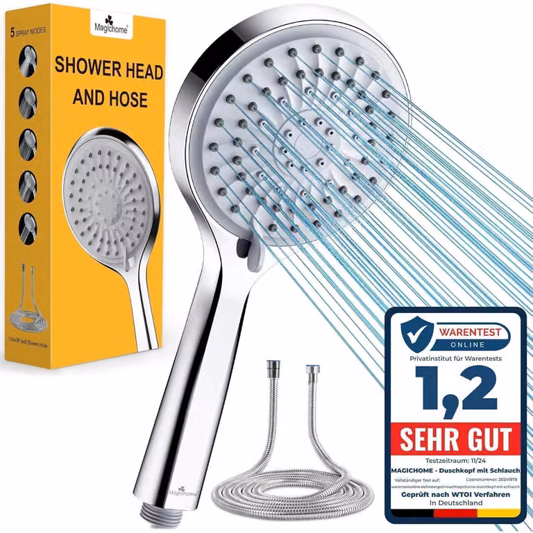 Doccia con flessibile, 5 tipi di getto, alta pressione, risparmio idrico, colore grigio, lunghezza 59 pollici
