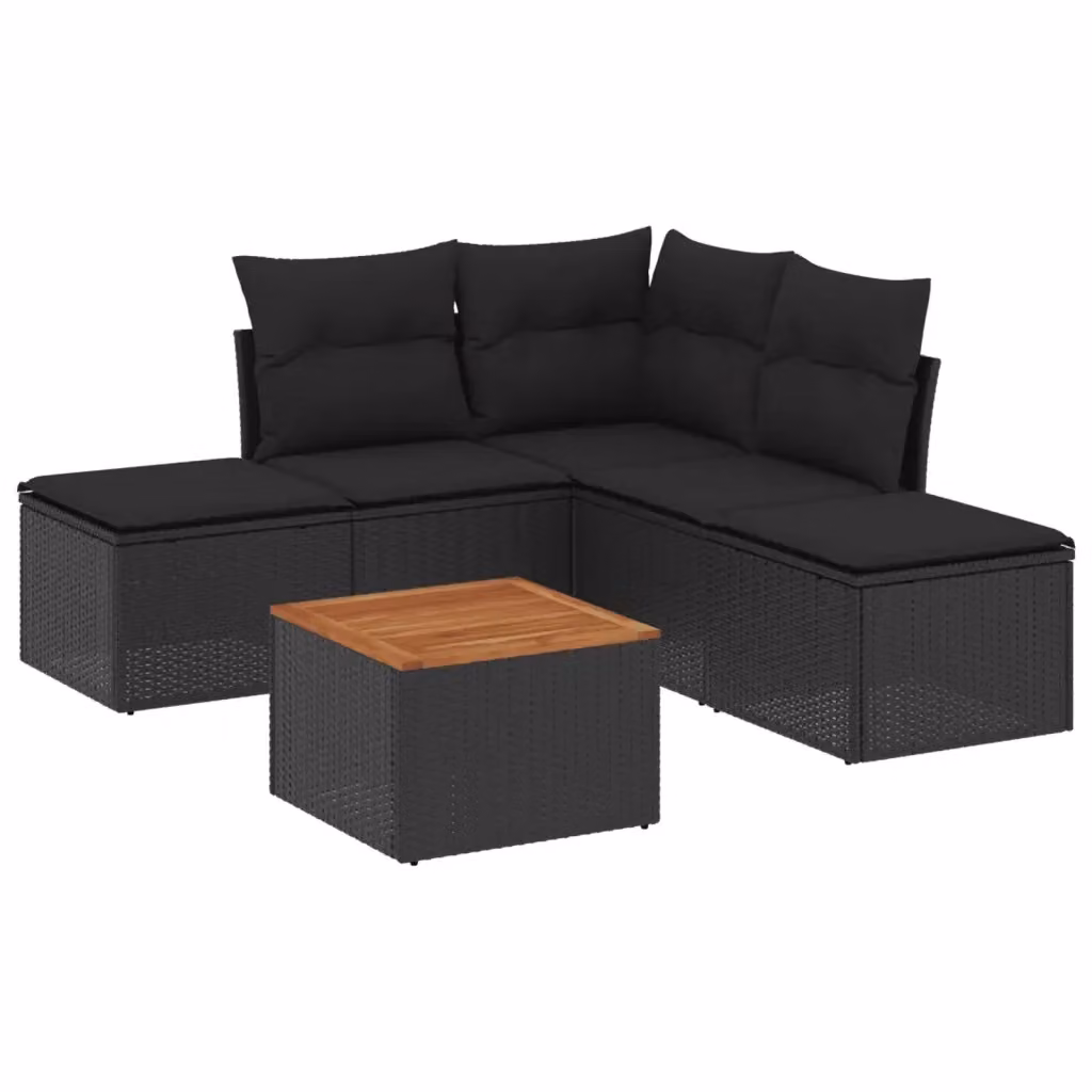 vidaXL Set Divano da Giardino 6 pz a L con Cuscini Nero in Polyrattan e Legno di Acacia – 2