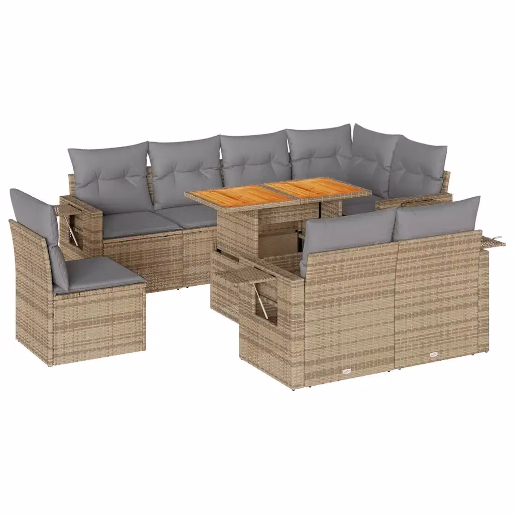 Set Divano da Giardino 9 pz vidaXL in Polyrattan con Cuscini Beige e Tavolino da Esterno – 2