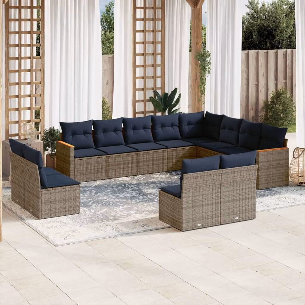 Set di divani da giardino vidaXL a forma di L composto da 12 pezzi con cuscini grigi e blu in rattan e metallo