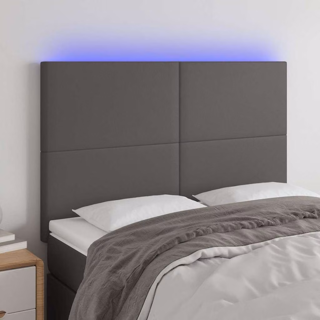 Testiera per letto vidaXL in similpelle grigia con illuminazione LED e porta di ricarica USB, L 144 cm, P 5 cm, H 118/128 cm
