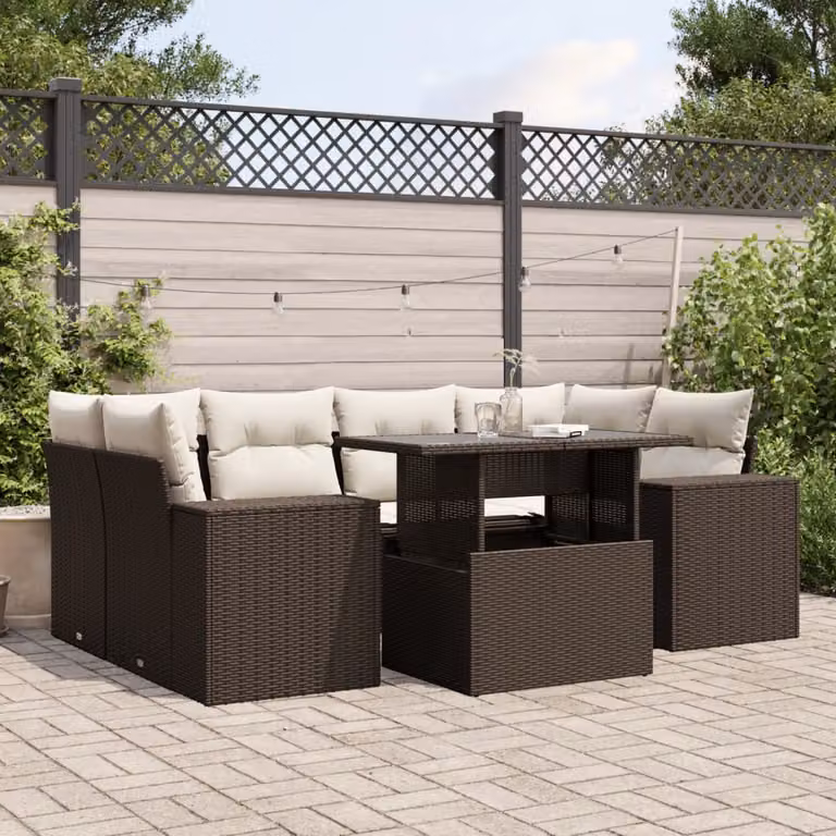 vidaXL Set Divani da Giardino 7 pz in Polyrattan Marrone con Cuscini e Tavolino
