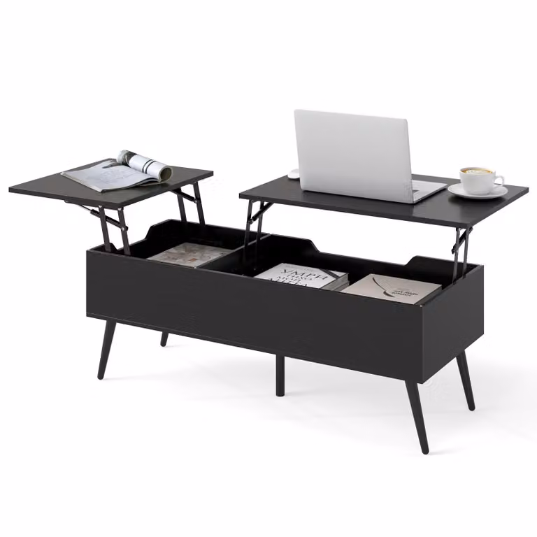 Tavolino da caffè COSTWAY con piano sollevabile, tavolo centrale con 2 vani portaoggetti nascosti, tavolo da lavoro ribaltabile con gambe in metallo 111*48 *40-53,5 cm, nero