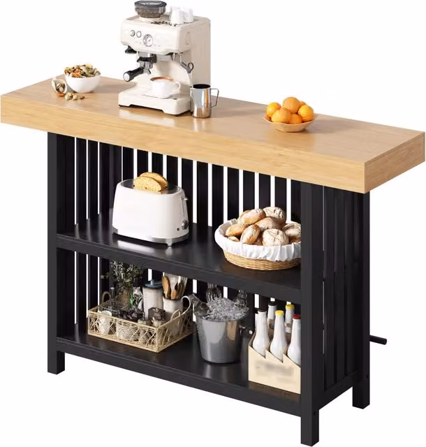 Tavolo da bar con struttura stabile e 2 ripiani, poggiapiedi, per cucina e soggiorno, in MDF nero, 160 × 40 × 105 cm