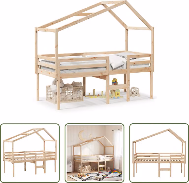 The Living Store Letto a soppalco con tetto 90x200 cm in legno di pino massiccio