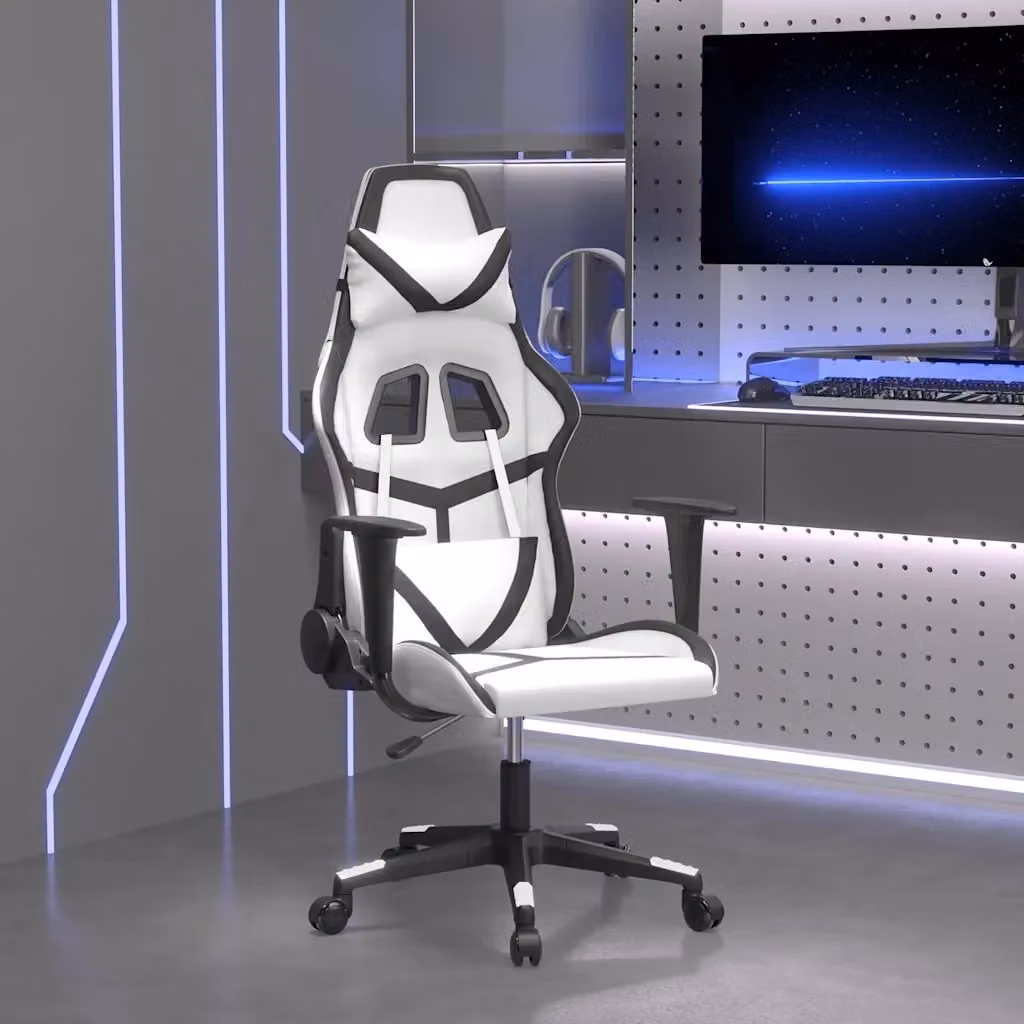 Sedia da Gaming Sportiva in Similpelle Bianco e Nero con Poggiatesta e Ruote Girevoli – 2