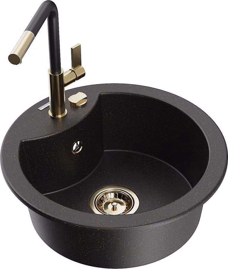 Mexen Diego lavello in granito a 1 vasca con rubinetto da cucina Flora, nero/oro metallico - 6512-75-670401-57-G