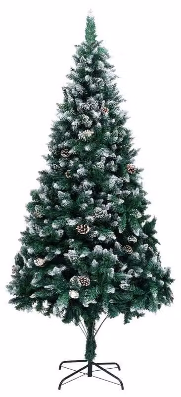 Albero di Natale artificiale grande, 210 cm di altezza, verde con decorazioni a neve e pigne, completo di base