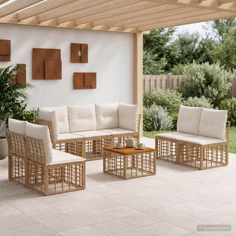 Set di divani da esterno vidaXL 8 pezzi con tavolino, design moderno a L, colori beige, bianco e marrone, struttura in acciaio verniciato a polvere e cuscini inclusi