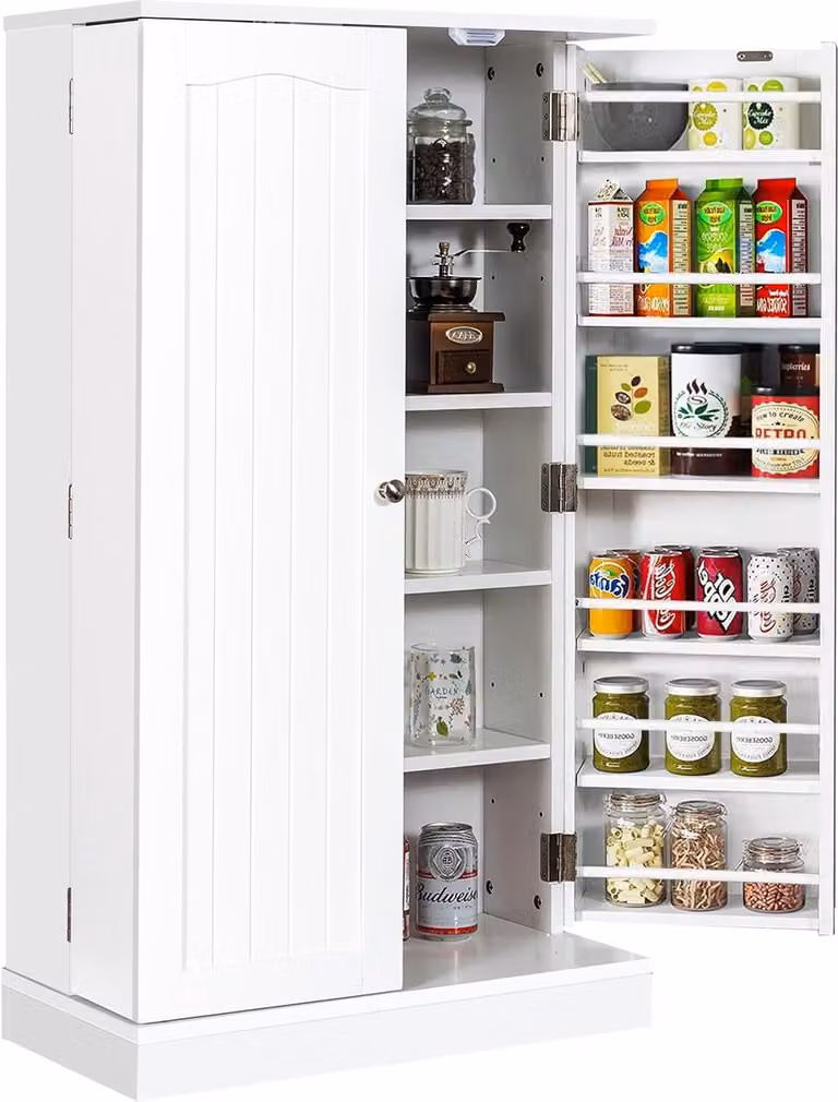 KOMFOTTEU Armadio dispensa a doppia anta, armadio contenitivo con ripiani regolabili, armadio multiuso in legno stile farmacia, armadio multifunzionale, mobile di servizio per alimenti, bianco