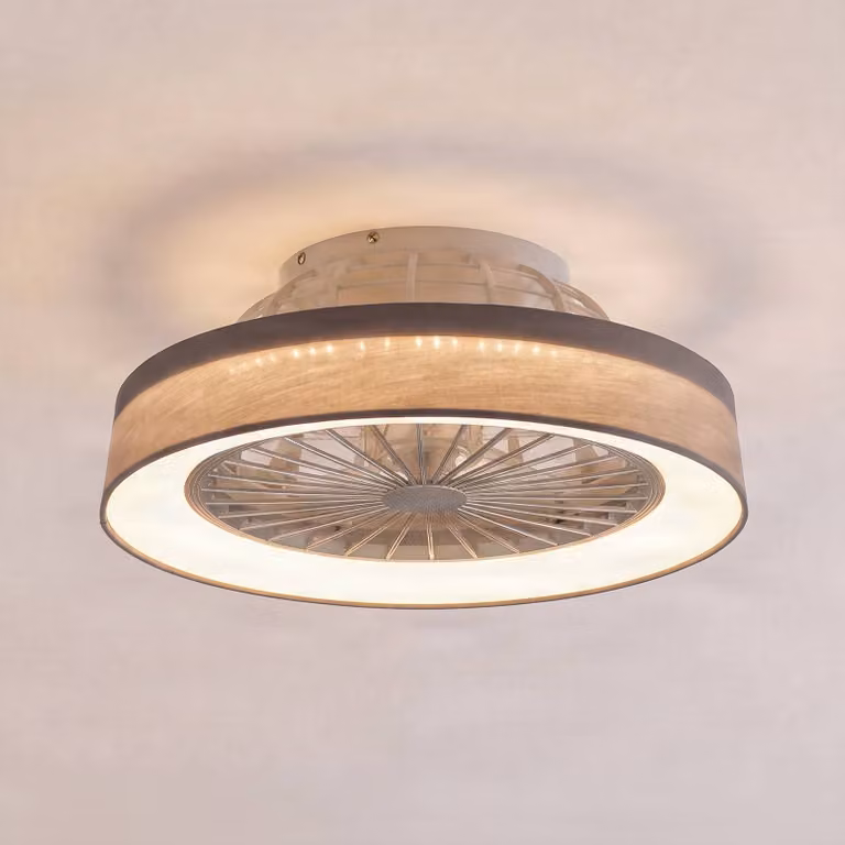 Ventilatore da soffitto LED Lindby Mace, grigio, Ø 47 cm, silenzioso, CCT Mace Lindby, dimmerabile, Alluminio / Grigio / Zincato, Soggiorno / Sala da pranzo, Plastica, Moderno