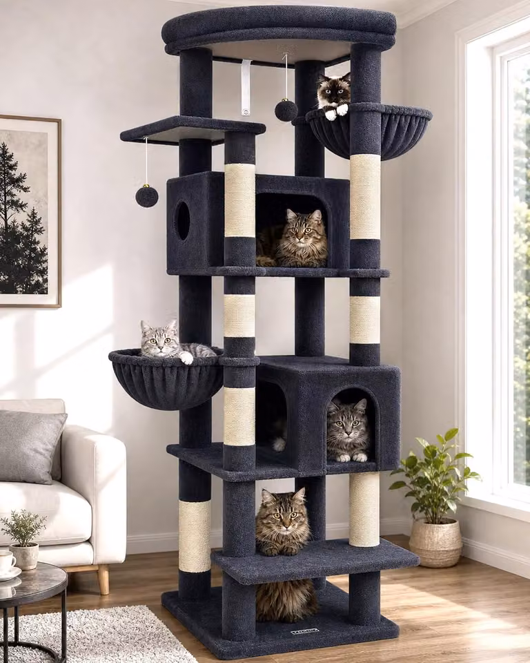 Albero per gatti Kratzbaum, grande, alto 188 cm, dotato di 2 grandi rifugi per gatti, una piattaforma imbottita, 2 ceste per gatti e giocattoli morbidi e pelosi