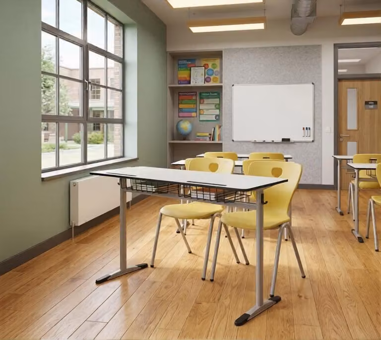 Set scolastico moderno ed ergonomico: banco da scuola grigio, sedia gialla a due posti