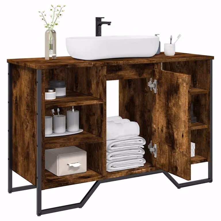 Mobile Lavabo da Bagno vidaXL in Rovere Fumo con Ante a Battente e Ripiani Interni, L: 91 cm, P: 35 cm, H: 60 cm