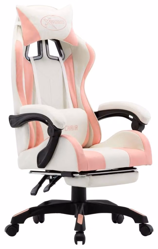 Gamestoel – Sedia da gaming – Sedia da corsa – Schienale regolabile – Poggiapiedi – Rosa/Bianco – Ecopelle