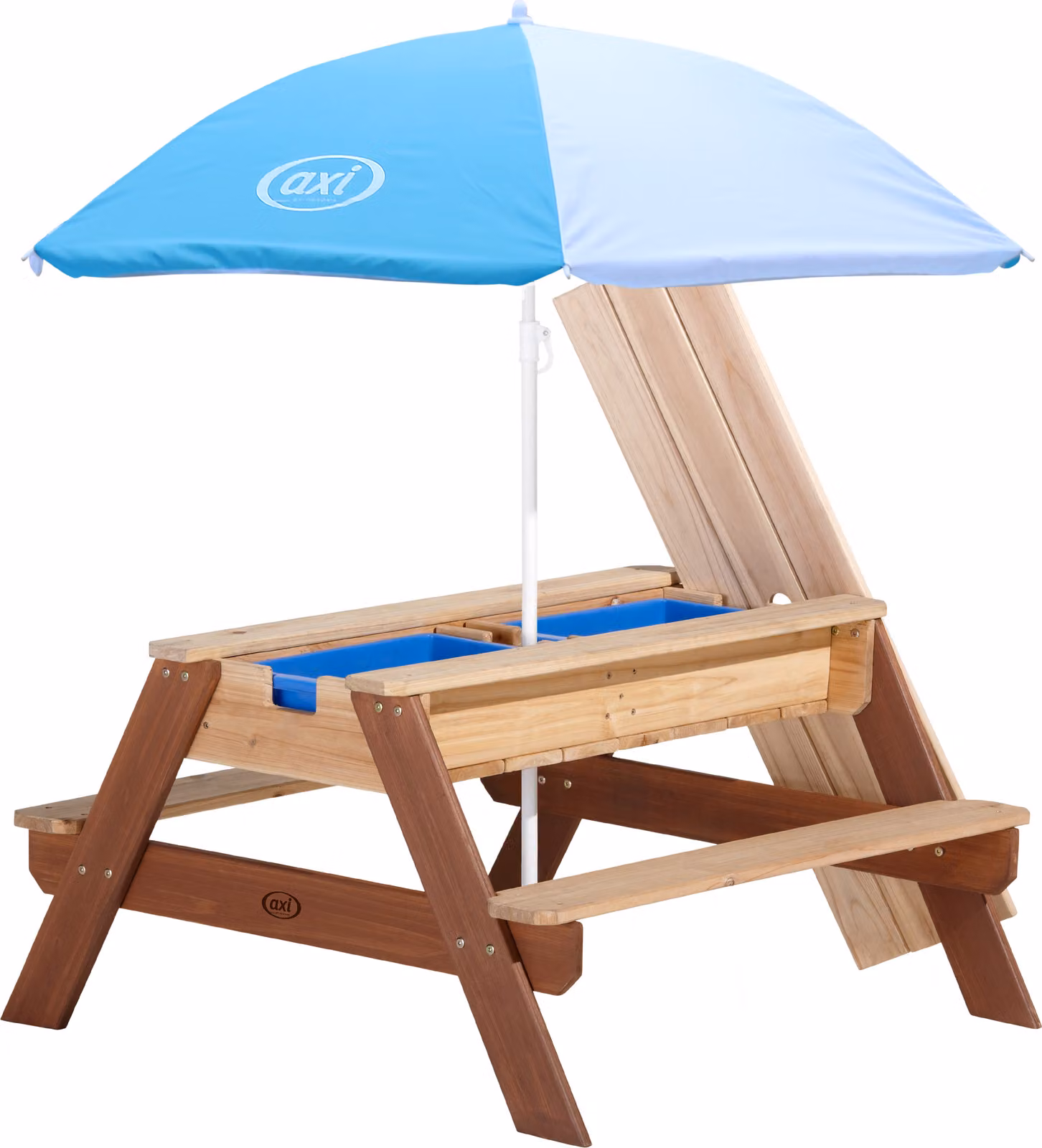 AXI Nick Tavolo da picnic / Tavolino sabbia e acqua per bambini in marrone con ombrellone in blu/bianco | Tavolo da picnic multiuso in legno