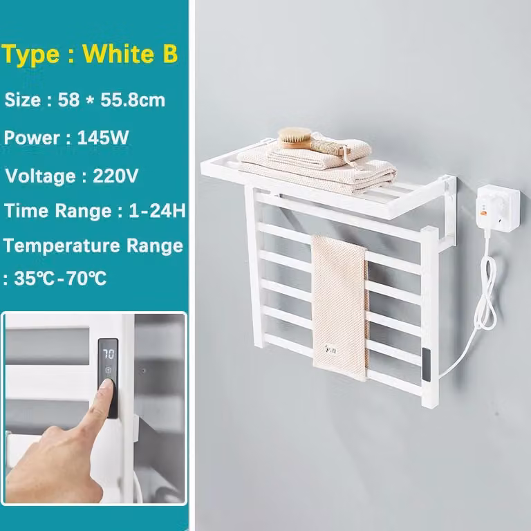 Asciugamani elettrico da parete - Modello B 8004 - Ideale per il bagno - Display digitale - Termostato touch - Alluminio impermeabile (grado di protezione IPX4) - Bianco