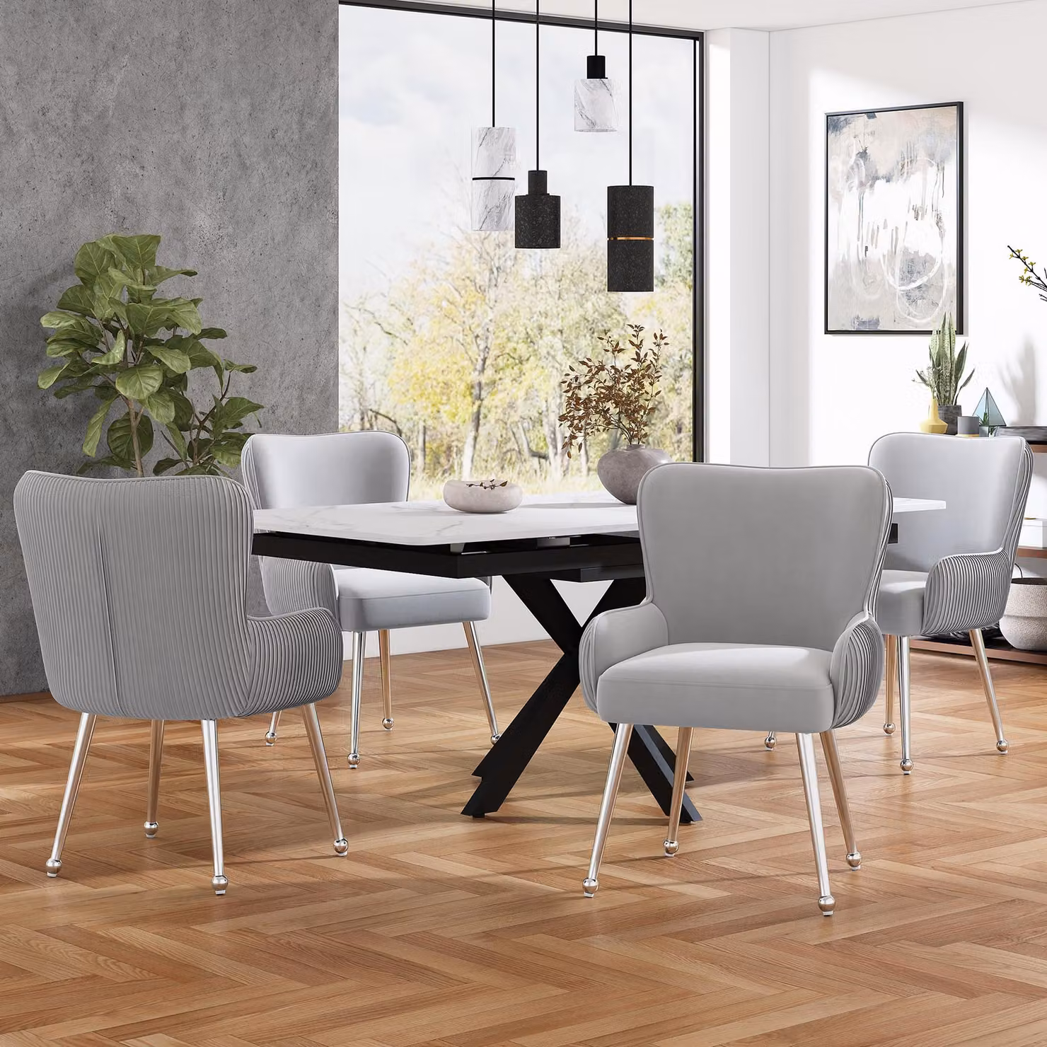 Set di 2 poltrone da pranzo in velluto, lussuose, ideali per soggiorno, camera da letto o zona relax. Dotate di quattro gambe in metallo argentato, braccioli, piedini regolabili, supporto lombare. Colore: grigio e argento