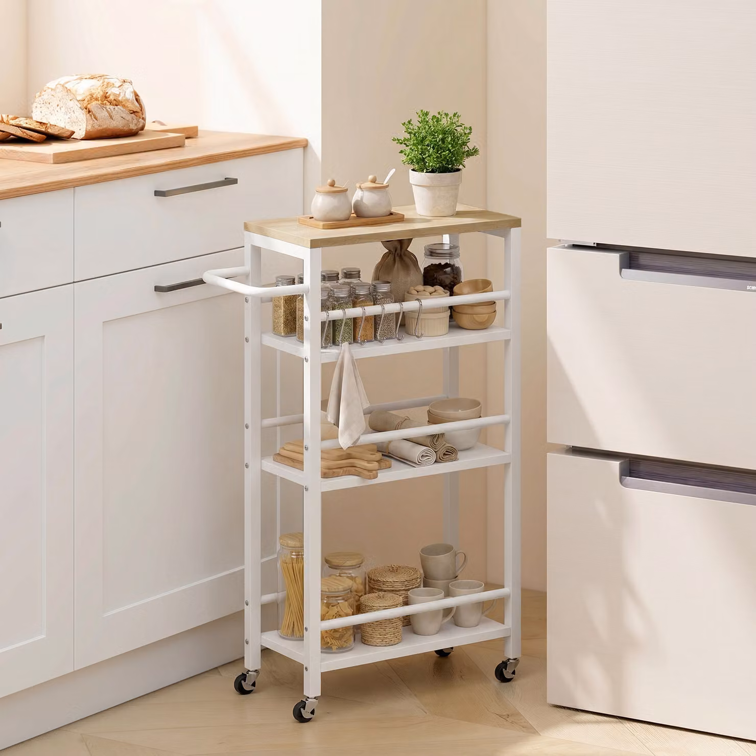 Carrello da cucina e sala da pranzo HOMCOM a 4 livelli con ruote, portasalviette e 6 ganci, colore Rovere, L: 50 cm, P: 20 cm, H: 81 cm – 2
