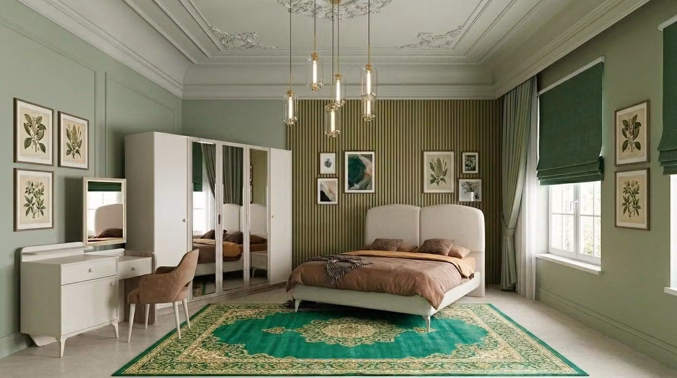 Set per camera da letto: armadio, letto, testiera, comodino. Design moderno, colore beige, comfort elevato